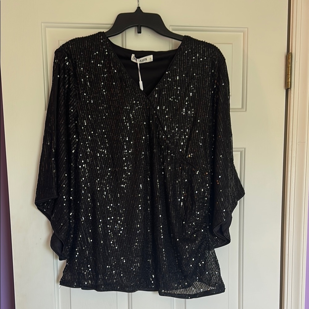 Grace Karin Black Sequin Dolman Sleeve Blouse